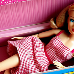 A meticulously preserved 1959 Barbie #1, showcasing its original black and white striped swimsuit, arched eyebrows, red lips, and carefully styled hair, displayed against a soft, vintage-style background. The focus is on capturing the doll's iconic features and the nostalgia associated with this legendary first edition, with close-up details emphasizing its excellent condition.