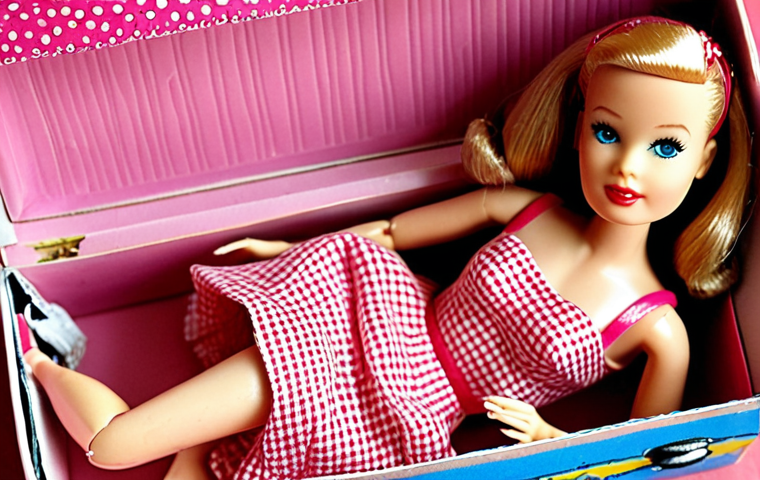 A meticulously preserved 1959 Barbie #1, showcasing its original black and white striped swimsuit, arched eyebrows, red lips, and carefully styled hair, displayed against a soft, vintage-style background. The focus is on capturing the doll's iconic features and the nostalgia associated with this legendary first edition, with close-up details emphasizing its excellent condition.