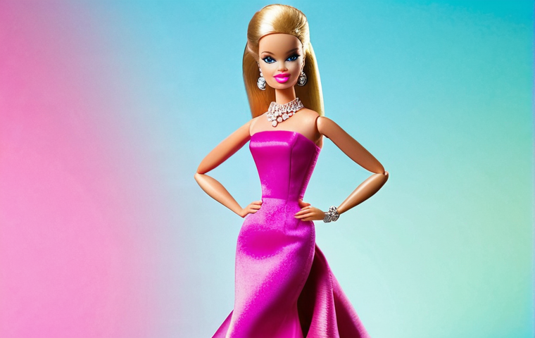 바비인형의 시장 경쟁력 - **Prompt: The Iconic and the Eccentric**
"A stunning, classic-style Barbie doll stands gracefull...