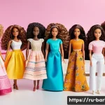 Home 22 바비의 인종별 다양성 - A diverse group of Barbie dolls standing together in a bright, modern playroom setting, showcasing a...