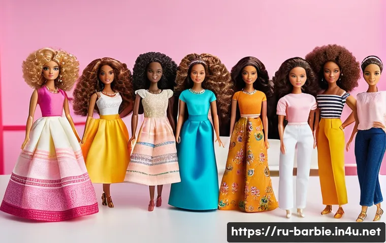 바비의 인종별 다양성 - A diverse group of Barbie dolls standing together in a bright, modern playroom setting, showcasing a...