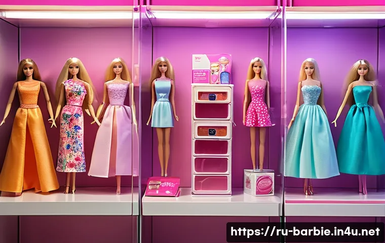 바비인형 컬렉션 관리법 - A well-organized display of a Barbie doll collection inside a glass cabinet with UV-protected doors,...