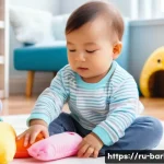 Home 18 바비인형과 어린이 심리 - A cozy playroom scene featuring a toddler wearing a colorful diaper, gently playing with soft, hypoa...