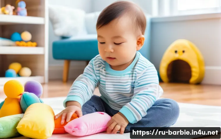바비인형과 어린이 심리 - A cozy playroom scene featuring a toddler wearing a colorful diaper, gently playing with soft, hypoa...
