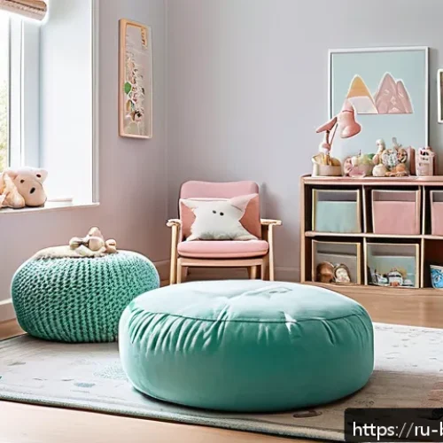 Home 17 바비인형 놀이용 집과 소품 - A cozy children's play corner bathed in bright natural daylight from a large window, featuring a sma...