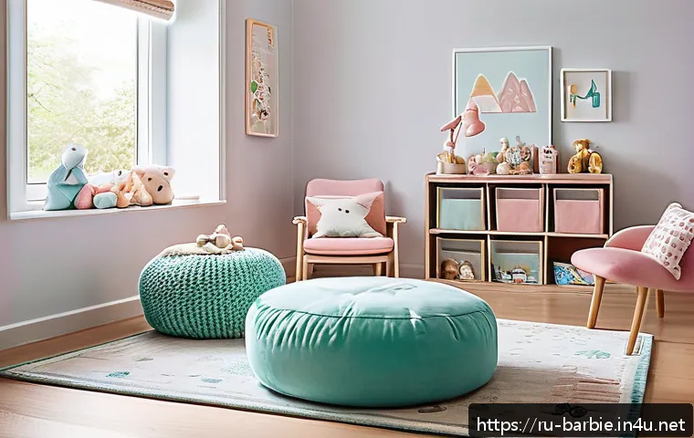 바비인형 놀이용 집과 소품 - A cozy children's play corner bathed in bright natural daylight from a large window, featuring a sma...